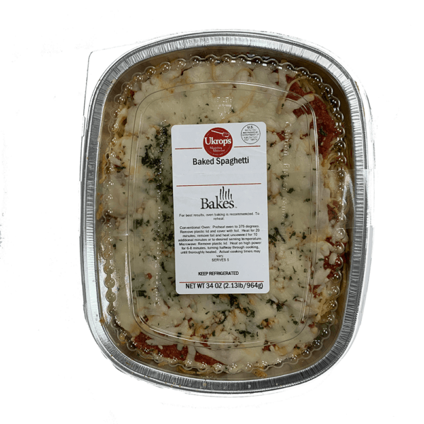 A container of Ukrop's Baked Spaghetti.