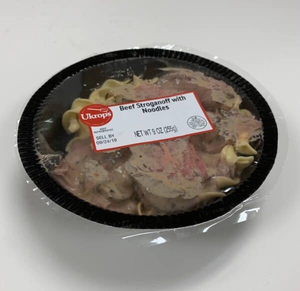 An individual serving of Beef Stroganoff with Noodles.