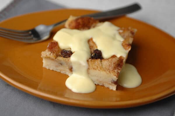 Ukrop's Bread Pudding with Vanilla Sauce.