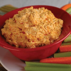 A bowl of the Ukrop's Buffalo Chicken Dip.