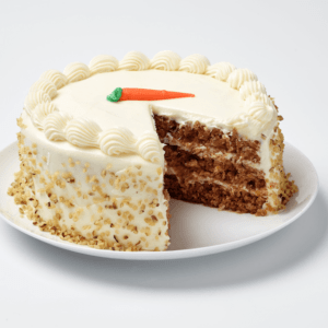 A carrot cake with a slice missing to show the layers inside.