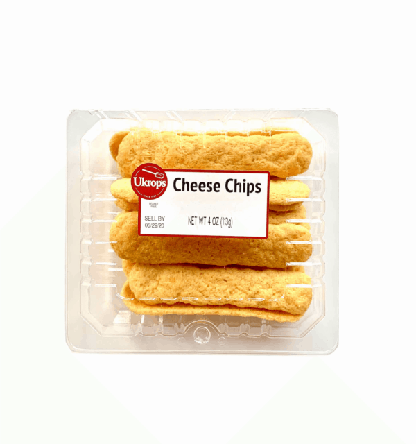 A package of long thin orange chips with a label that reads "Cheese Chips."