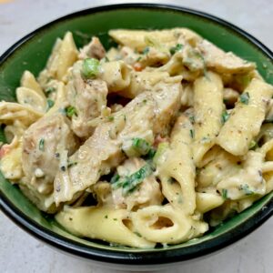 A bowl of the Ukrop's Chicken Caesar Pasta Salad.