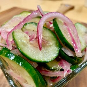 A close up of the cucumbers and onions in Ukrop's Marinated Cucumber Salad.