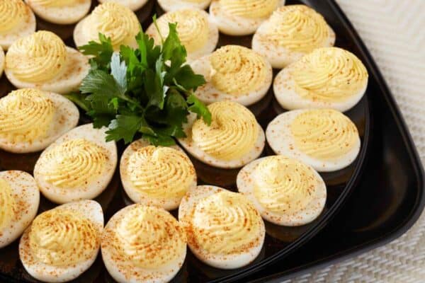 A tray full of deviled eggs.