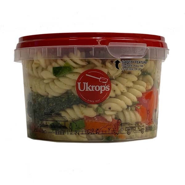 A container of the Ukrop's Low-Fat Broccoli and Pasta Salad.