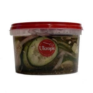 A container of the Ukrop's Marinated Cucumber Salad.