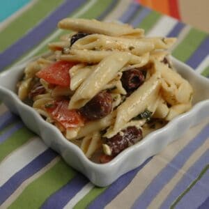 A bowl of Ukrop's Mediterranean Pasta Salad.