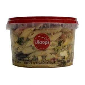 A container of the Ukrop's Mediterranean Pasta Salad.