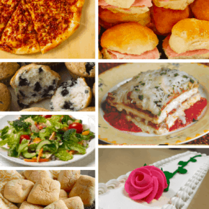 An assortment of food items included in the package including cake, salad, rolls and more.